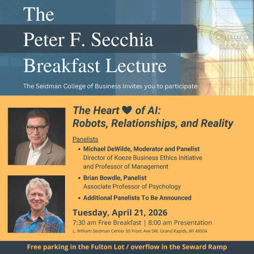 The Heart of AI: Robots, Relationships, and Reality flyer with panelist headshots and event details